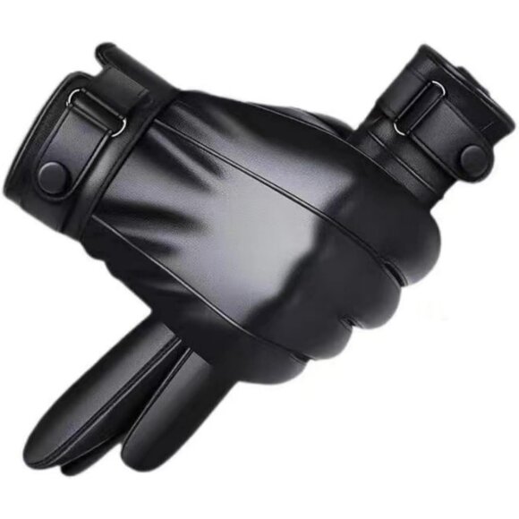 Men's Black Winter Warm Touch Screen Motor Soft Cashmere Lining Leather Gloves - Picture 1 of 8